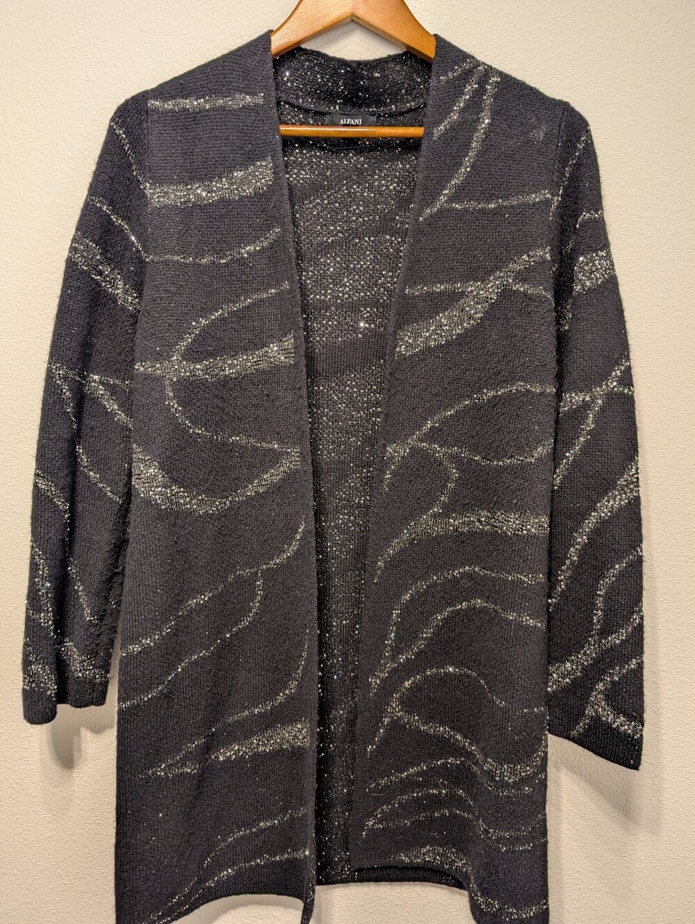 Alfani Metallic Black Open-Front Cardigan with Silver Accents
